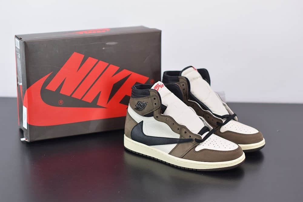 乔丹Air Jordan aj1 AJ1联名TS倒钩深棕鬼脸板鞋纯原版本 货号：CD4487-100
