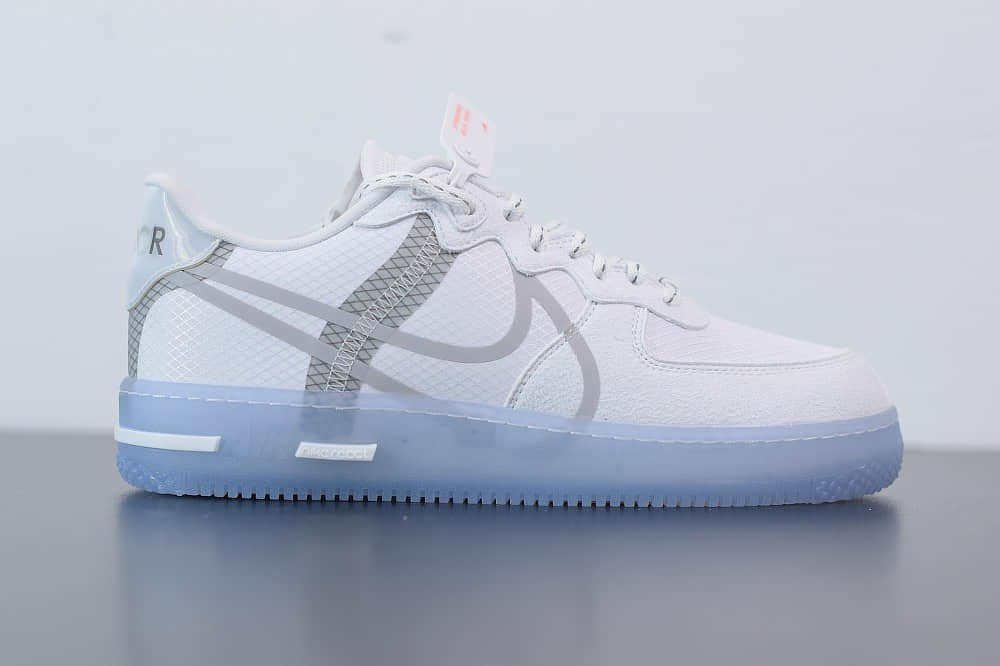 耐克Nike Air Force 1 React DMSXWhiteLightSail-Rush Ice 白灰冰蓝空军一号新型瑞亚轻量低帮百搭板鞋纯原版本 货号：CQ8879-100