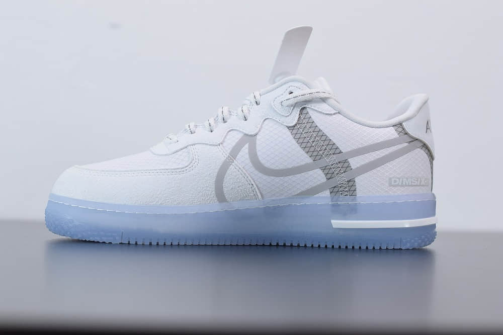 耐克Nike Air Force 1 React DMSXWhiteLightSail-Rush Ice 白灰冰蓝空军一号新型瑞亚轻量低帮百搭板鞋纯原版本 货号：CQ8879-100