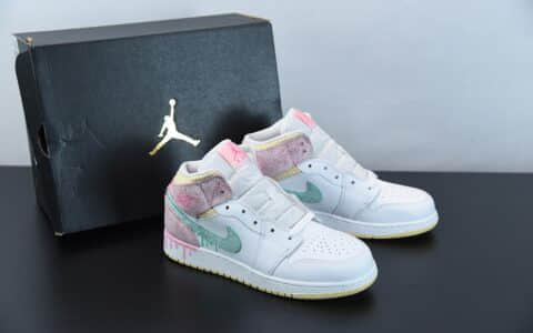 乔丹Air Jordan 1 Mid (GS)白粉冰淇淋中帮休闲鞋纯原版本 货号：DD1666-100