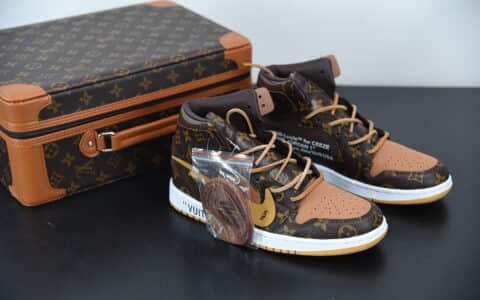 乔丹Louis Vuitton x OFF WHITE - Air Jordan 1 乔丹LV经典联名中帮行李箱版本潮流情侣运动休闲板鞋纯原版本 货号：AQ0818-158