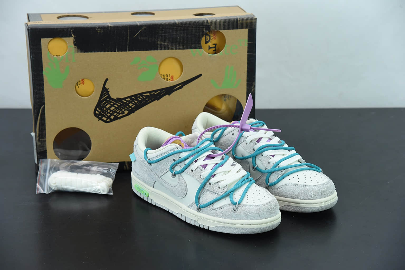 耐克 Nike SB Dunk OFF-WHITE 联名36of50麂皮灰绿紫低帮滑板鞋纯原版本 货号：DJ0950-107