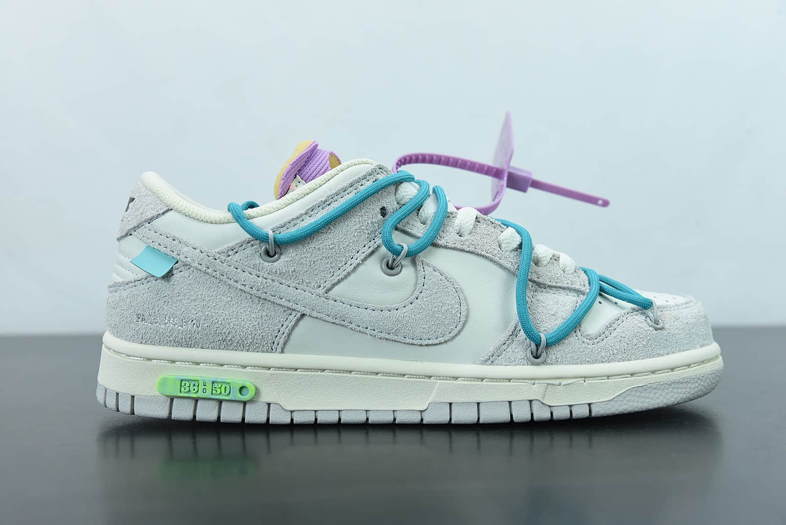 耐克 Nike SB Dunk OFF-WHITE 联名36of50麂皮灰绿紫低帮滑板鞋纯原版本 货号：DJ0950-107