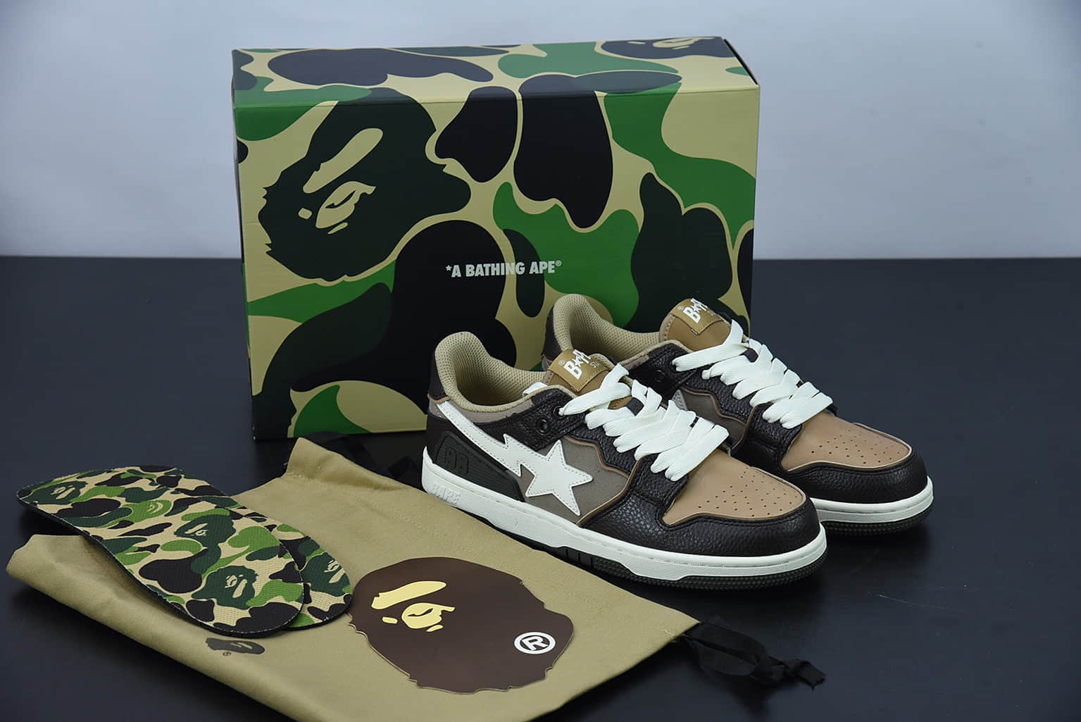 Human Made Bape Sta Sk8 To Nigo 潮流教父Nigo品牌摩卡色猿人头经典滑板百搭休闲运动板鞋纯原版本 货号：1H80191013