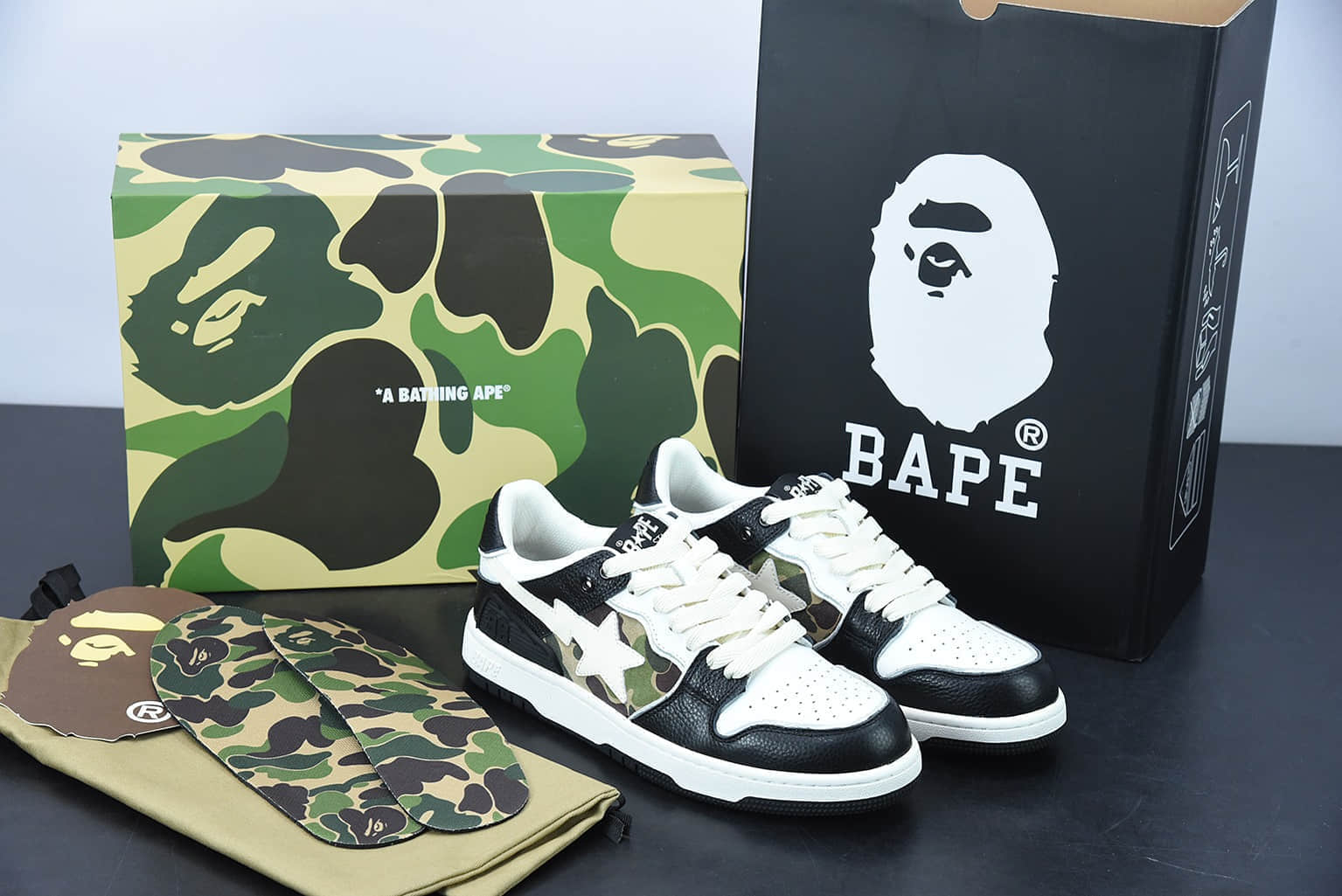 Human Made Bape Sta Sk8 To Nigo 潮流教父Nigo品牌黑白色猿人头经典滑板百搭休闲运动板鞋纯原版本 货号：1G801009I