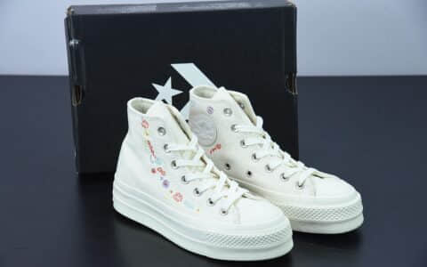 匡威 Converse All Star Lift 厚底刺绣小花春暖花开厚底高帮增高鞋纯原版本 货号： A01586C