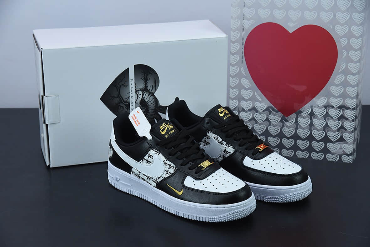 耐克Nike Air Force 1 黑白金爱心款情人节限定小香风空军一号低帮休闲板鞋纯原版本 货号：CZ0270-001