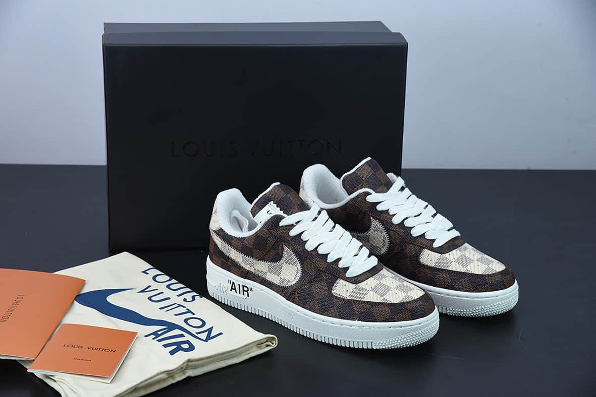 耐克 Nike Louis Vuitton x Nk Air Force 1'07 LV8 LowDamier AzurBrownLV Monogram 空军一号LV联名款老花经典配色低帮板鞋纯原版本 货号：LK0235