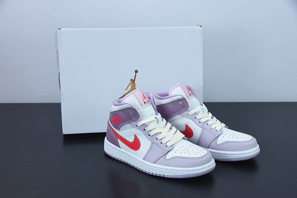 乔丹Air Jordan 1 Mid AJ1 白紫红勾 Wmns一代中帮经典复古篮球鞋纯原版本 货号：DR0174-500