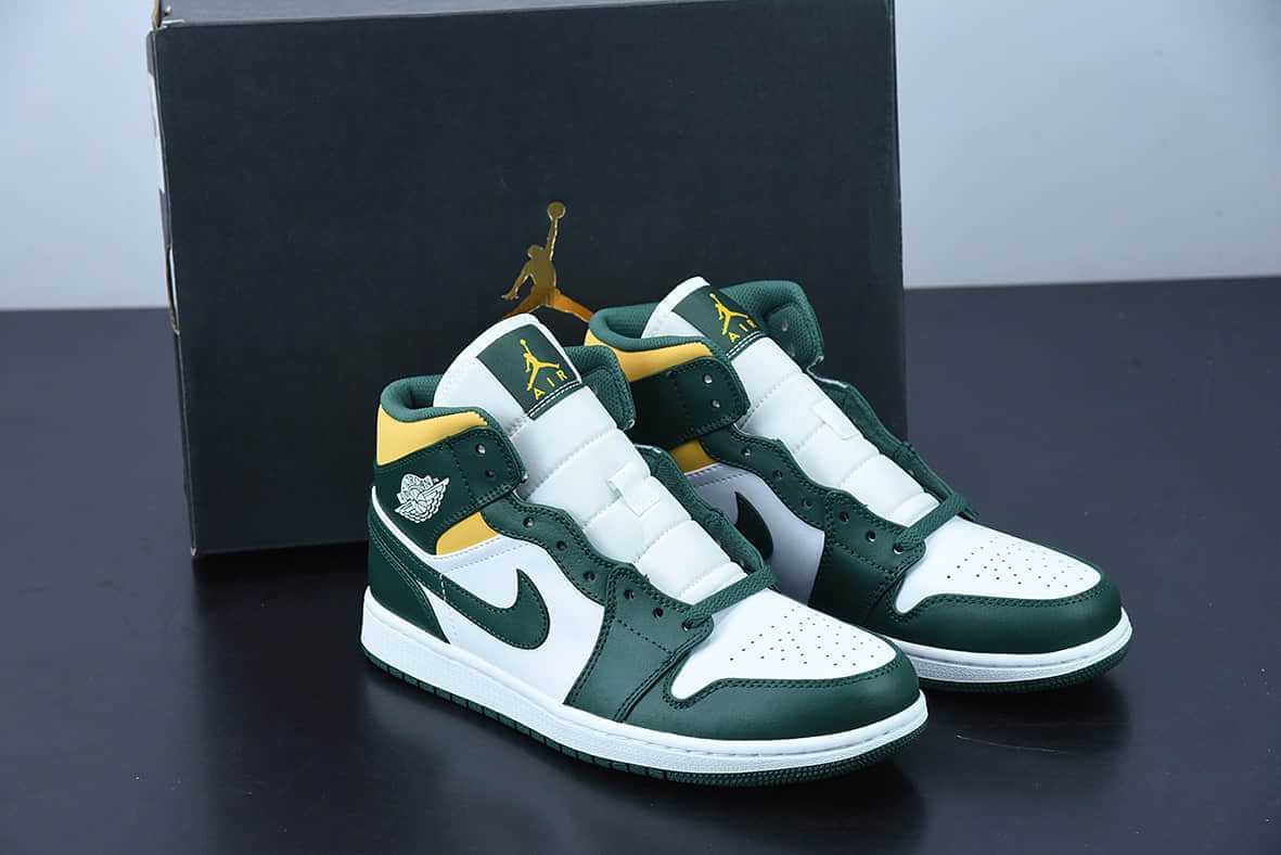 乔丹 Air Jordan 1 Mid Green Yellow AJ 乔1白绿黄西雅图超音速中帮休闲板鞋纯原版本 货号：554724-371