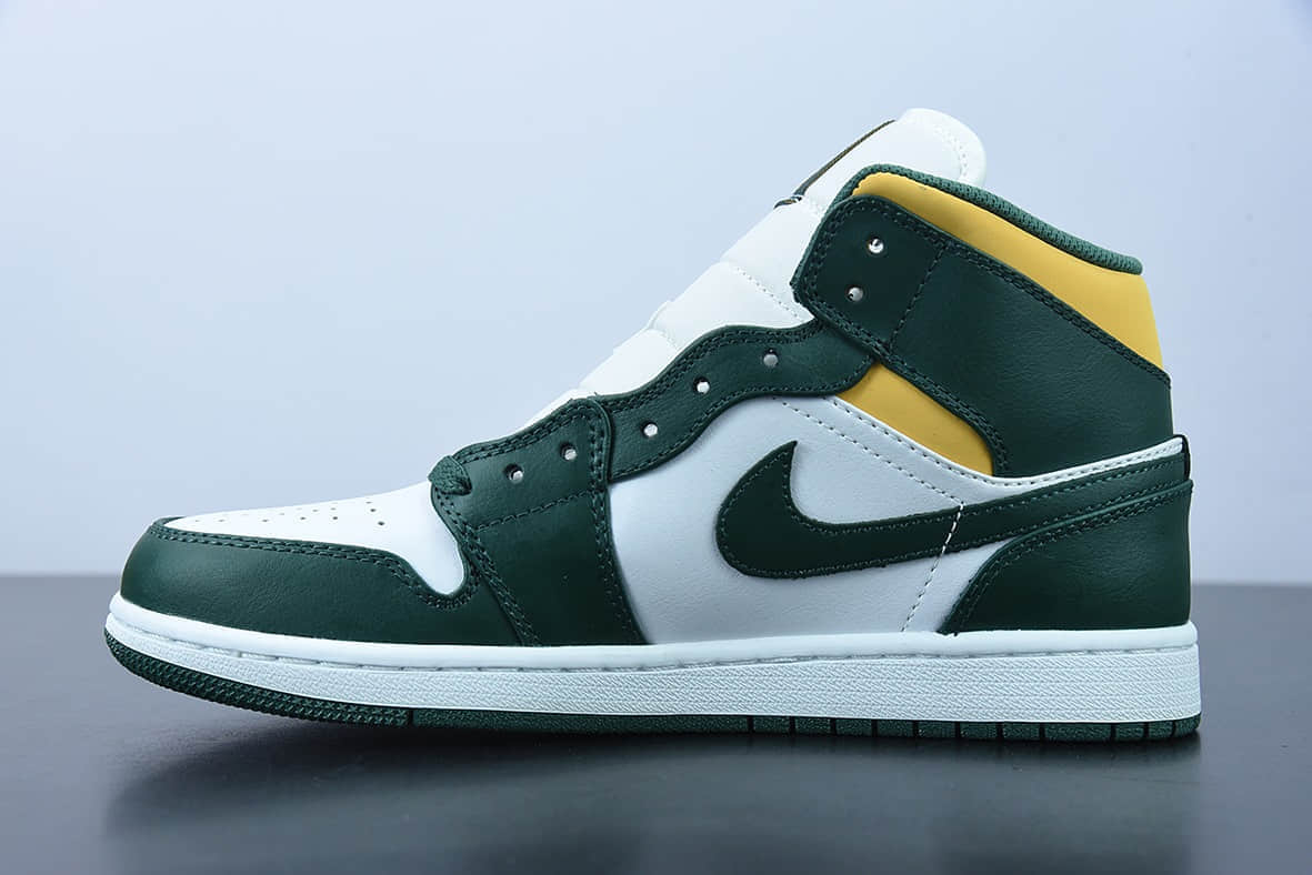 乔丹 Air Jordan 1 Mid Green Yellow AJ 乔1白绿黄西雅图超音速中帮休闲板鞋纯原版本 货号：554724-371