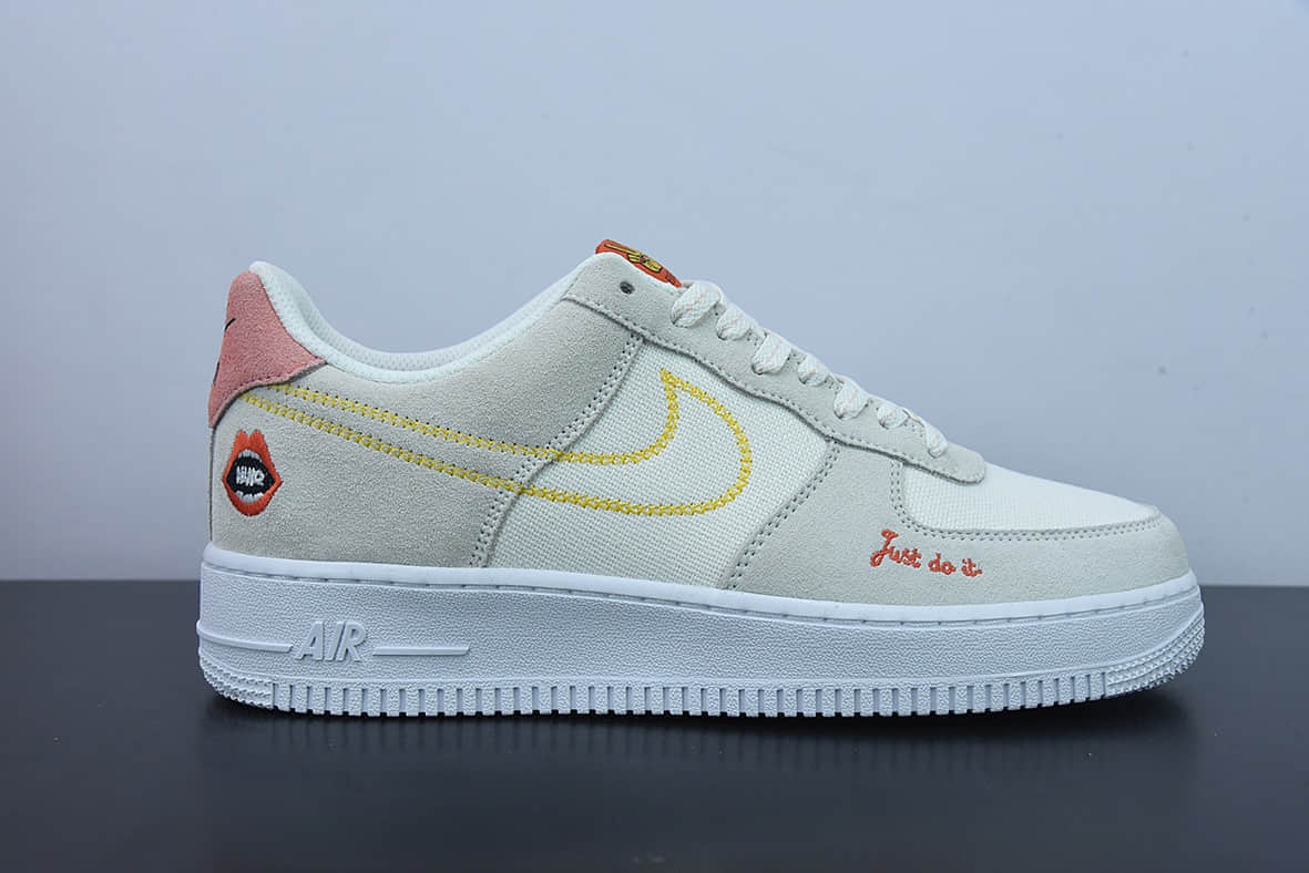 耐克Nike Air Force 1 AF1浅灰白口红刺绣空军一号低帮休闲板鞋纯原版本 货号：DQ7656-100