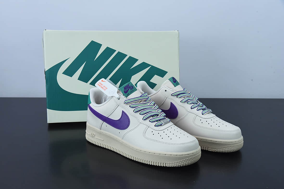 耐克Nike By You Air Force 1'07 Low Retro SP奶白深紫水绿空军一号低帮休闲板鞋纯原版本 货号：BS8873-306