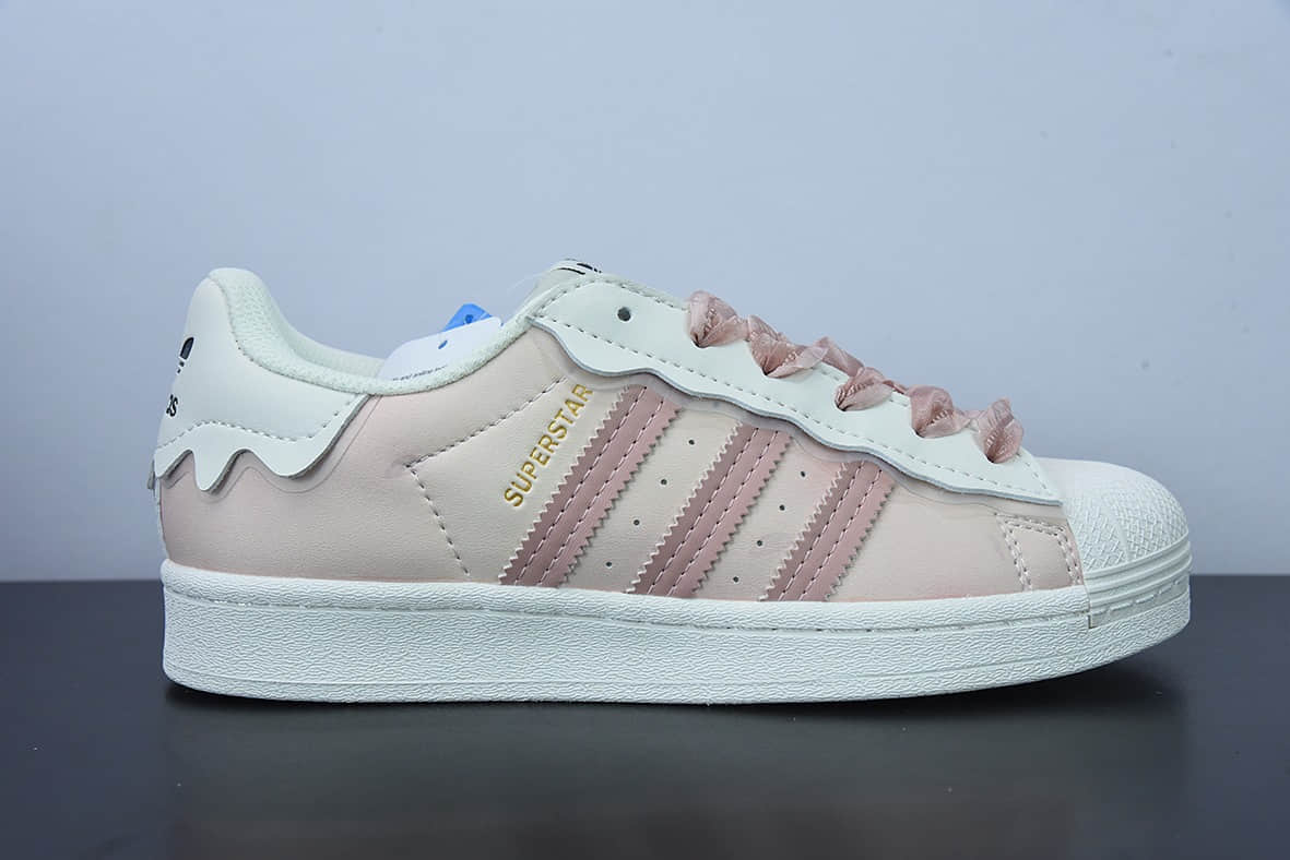 阿迪达斯Adidas Original Super Star 三叶草女22年春低帮花边粉色奶油经典贝壳头板鞋纯原版本 货号：GW4444