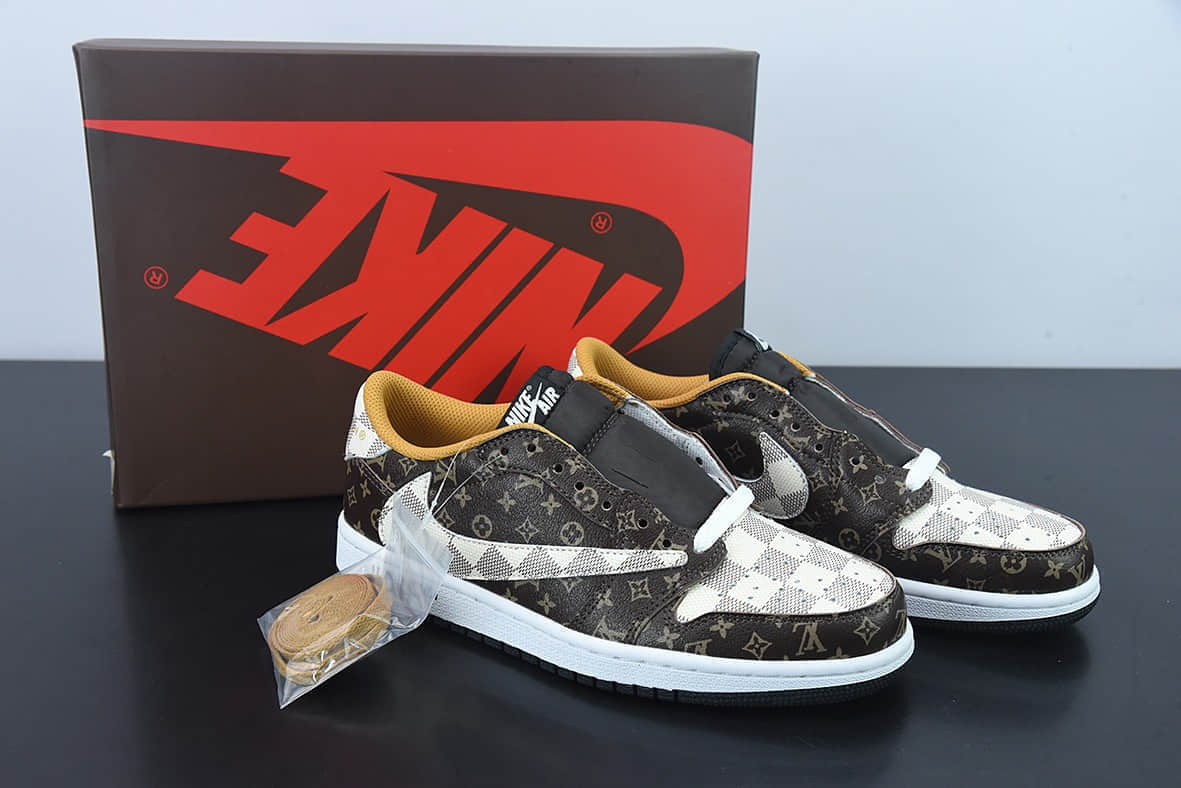 乔丹Air Jordan Louis Vuitton x Travis Scott x Nike Air Jordan 1 Low OG SPDamier AzurBrownLV MonogramAJ1乔丹一代经典低帮TS联名LV倒钩三方联名文化百搭休闲运动篮球鞋纯原版本  货号：DM7866-616