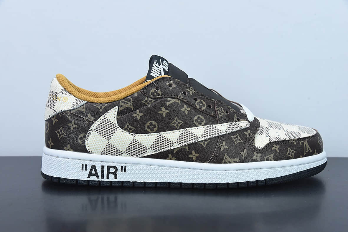 乔丹Air Jordan Louis Vuitton x Travis Scott x Nike Air Jordan 1 Low OG SPDamier AzurBrownLV MonogramAJ1乔丹一代经典低帮TS联名LV倒钩三方联名文化百搭休闲运动篮球鞋纯原版本  货号：DM7866-616
