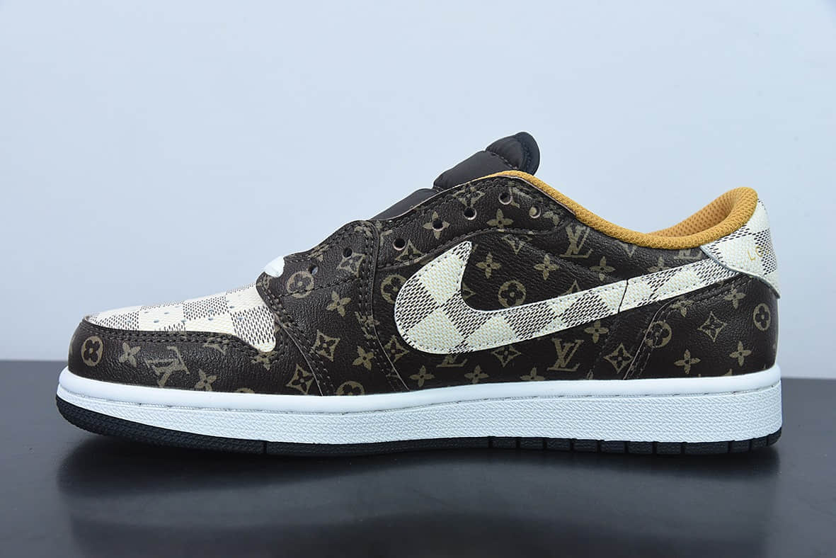 乔丹Air Jordan Louis Vuitton x Travis Scott x Nike Air Jordan 1 Low OG SPDamier AzurBrownLV MonogramAJ1乔丹一代经典低帮TS联名LV倒钩三方联名文化百搭休闲运动篮球鞋纯原版本  货号：DM7866-616
