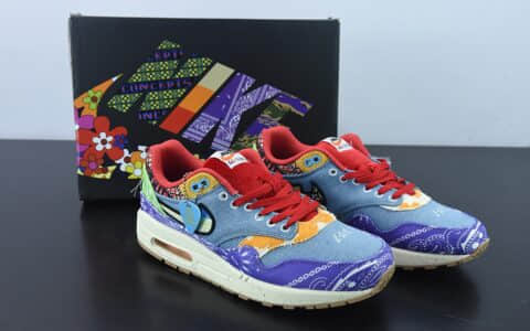 耐克Nike Concepts x Nike Air Max 1 联名款紫红蓝腰果花半掌气垫复古跑步鞋纯原版本 货号：DN1803-500