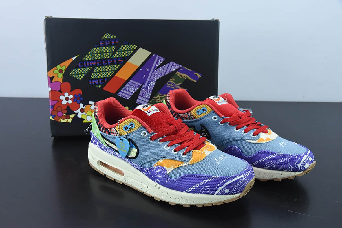 耐克Nike Concepts x Nike Air Max 1 联名款紫红蓝腰果花半掌气垫复古跑步鞋纯原版本 货号：DN1803-500