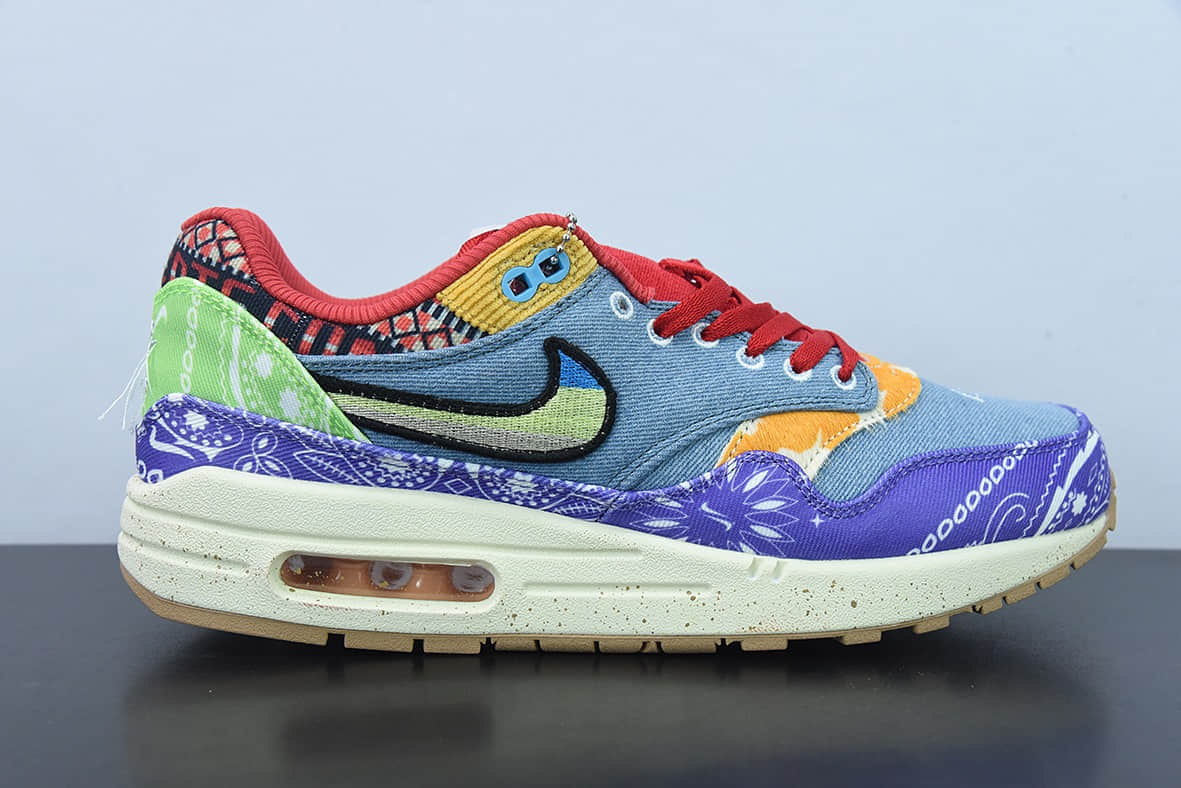 耐克Nike Concepts x Nike Air Max 1 联名款紫红蓝腰果花半掌气垫复古跑步鞋纯原版本 货号：DN1803-500