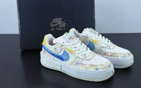 耐克Nike Wmns Air Force 1 FontankaFlowers错位解构白蓝黄彩花卉涂鸦空军一号丰塔卡系列低帮休闲板鞋纯原版本 货号：DV3211-100