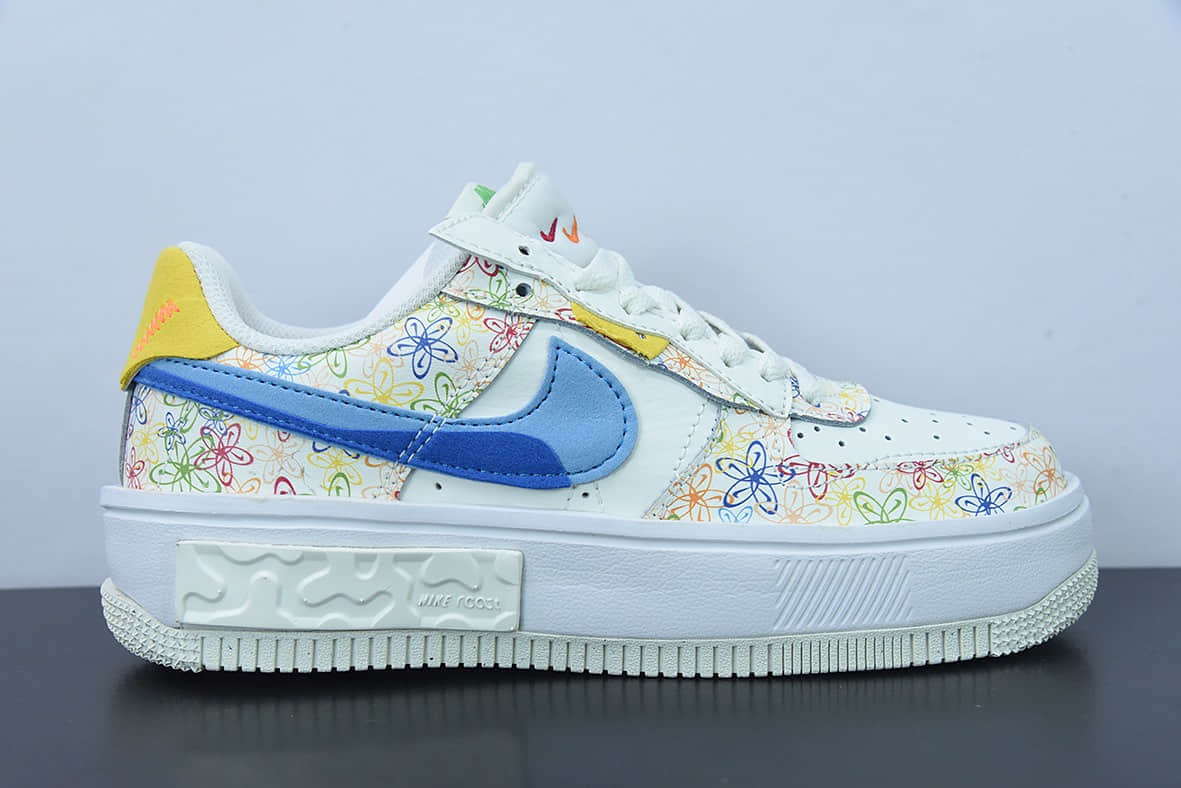 耐克Nike Wmns Air Force 1 FontankaFlowers错位解构白蓝黄彩花卉涂鸦空军一号丰塔卡系列低帮休闲板鞋纯原版本 货号：DV3211-100