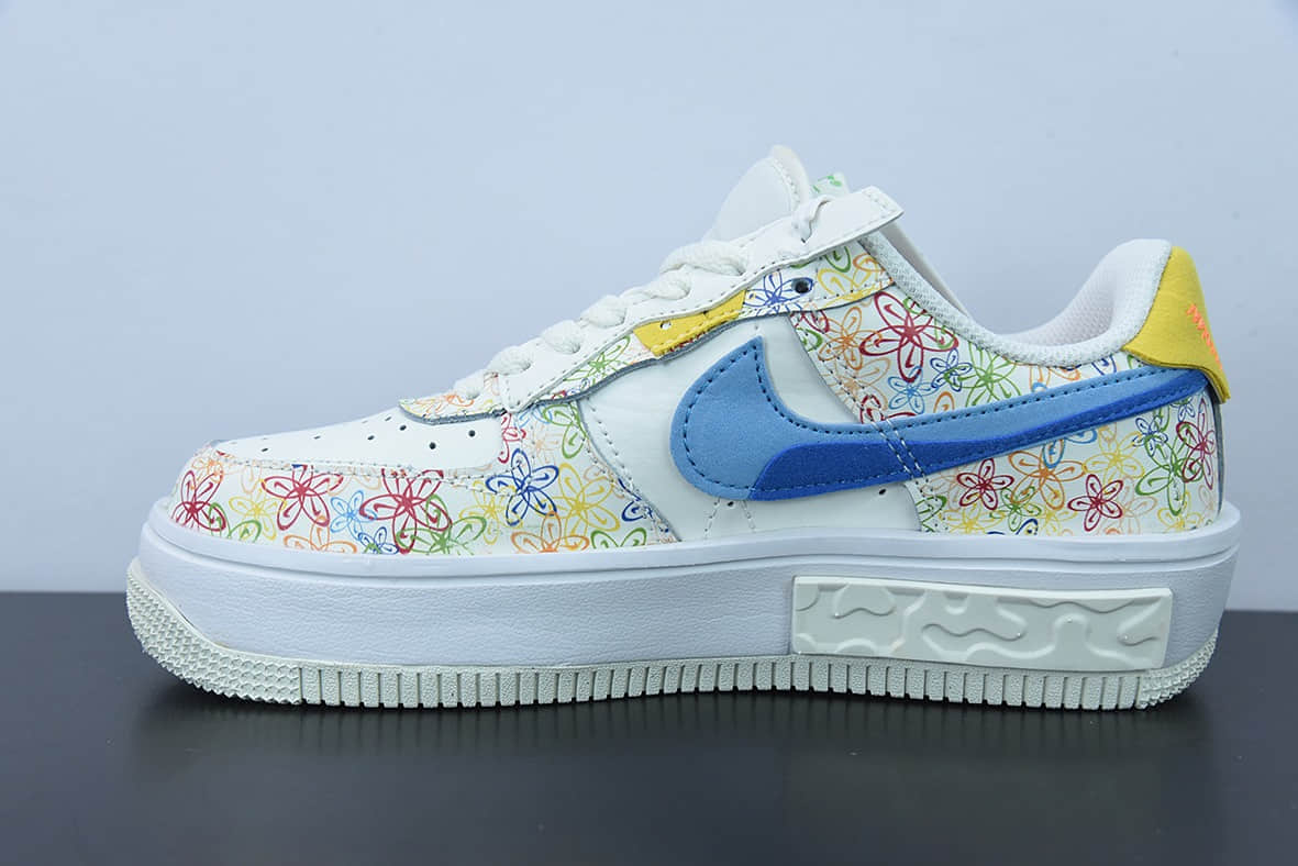 耐克Nike Wmns Air Force 1 FontankaFlowers错位解构白蓝黄彩花卉涂鸦空军一号丰塔卡系列低帮休闲板鞋纯原版本 货号：DV3211-100