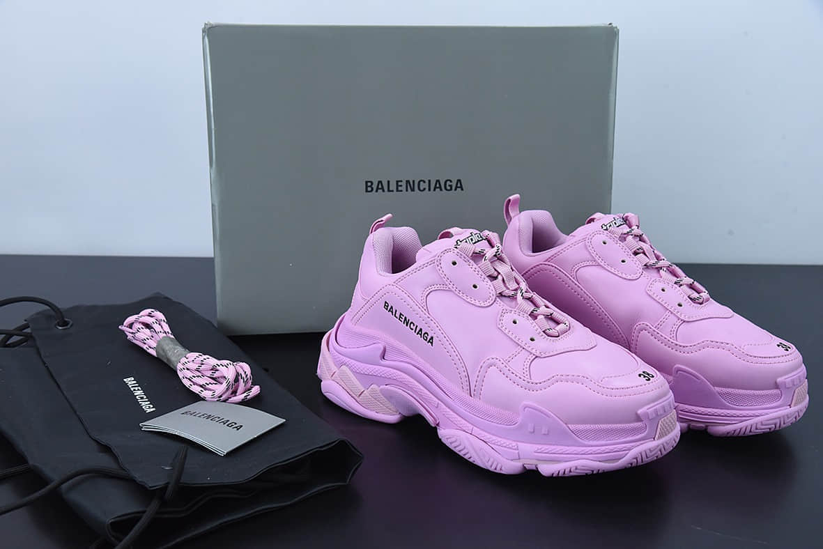 巴黎世家Balenciaga Triple S Clear Sole SneakerPinkBlack LOGO时装芭比粉黑LOGO复古厚底增高百搭休闲运动老爹鞋纯原版本 货号：524039 W1FC3 9023