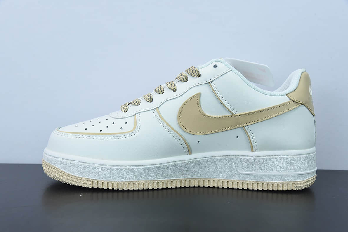 耐克Nike MLB x Nike Air Force 1 LowMLBKhaki联名款皮革米白卡其边NY印花空军一号低帮休闲板鞋纯原版本 货号：BS8806-555