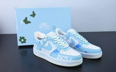 耐克Nike Air Force 1 07 LV8Light BlueLove天蓝白蝴蝶花朵印花空军一号低帮休闲板鞋纯原版本 货号：CW2288-661