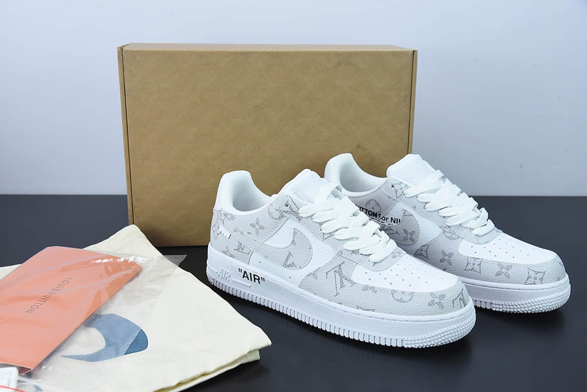 耐克Nike LouisVuittonxAir Force 1'07 LV8 LowWhiteGreyLV Monogram联名款白浅灰LV压纹老花空军一号低帮休闲板鞋纯原版本 货号：LD4631-201