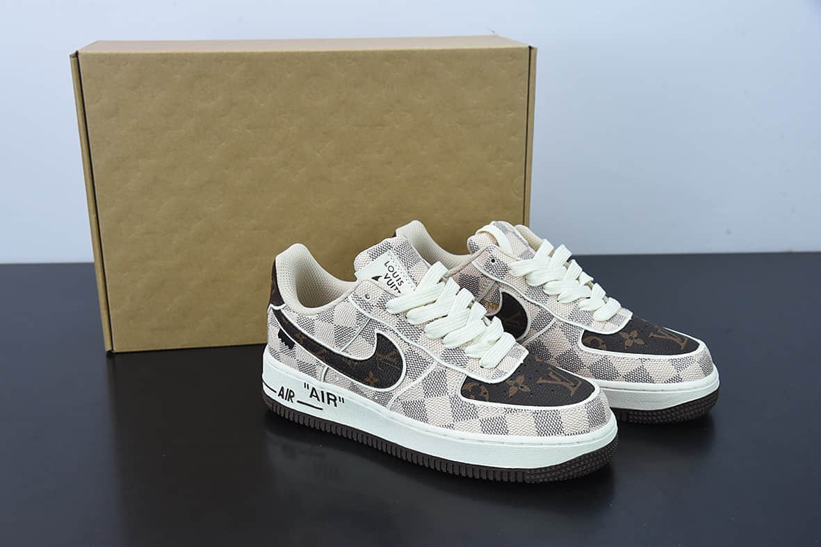 耐克Nike LV x NK Air Force 1 LV联名白棕棋盘格空军一号低帮休闲板鞋纯原版本 货号：LD4631-202