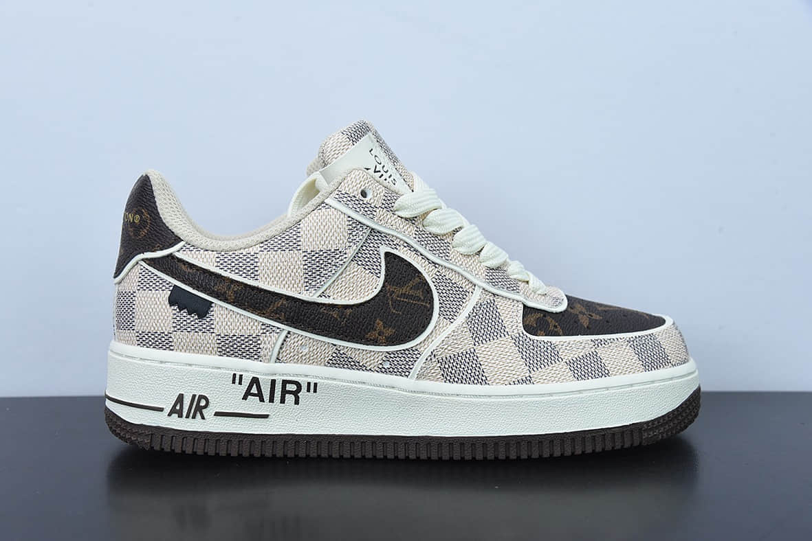 耐克Nike LV x NK Air Force 1 LV联名白棕棋盘格空军一号低帮休闲板鞋纯原版本 货号：LD4631-202