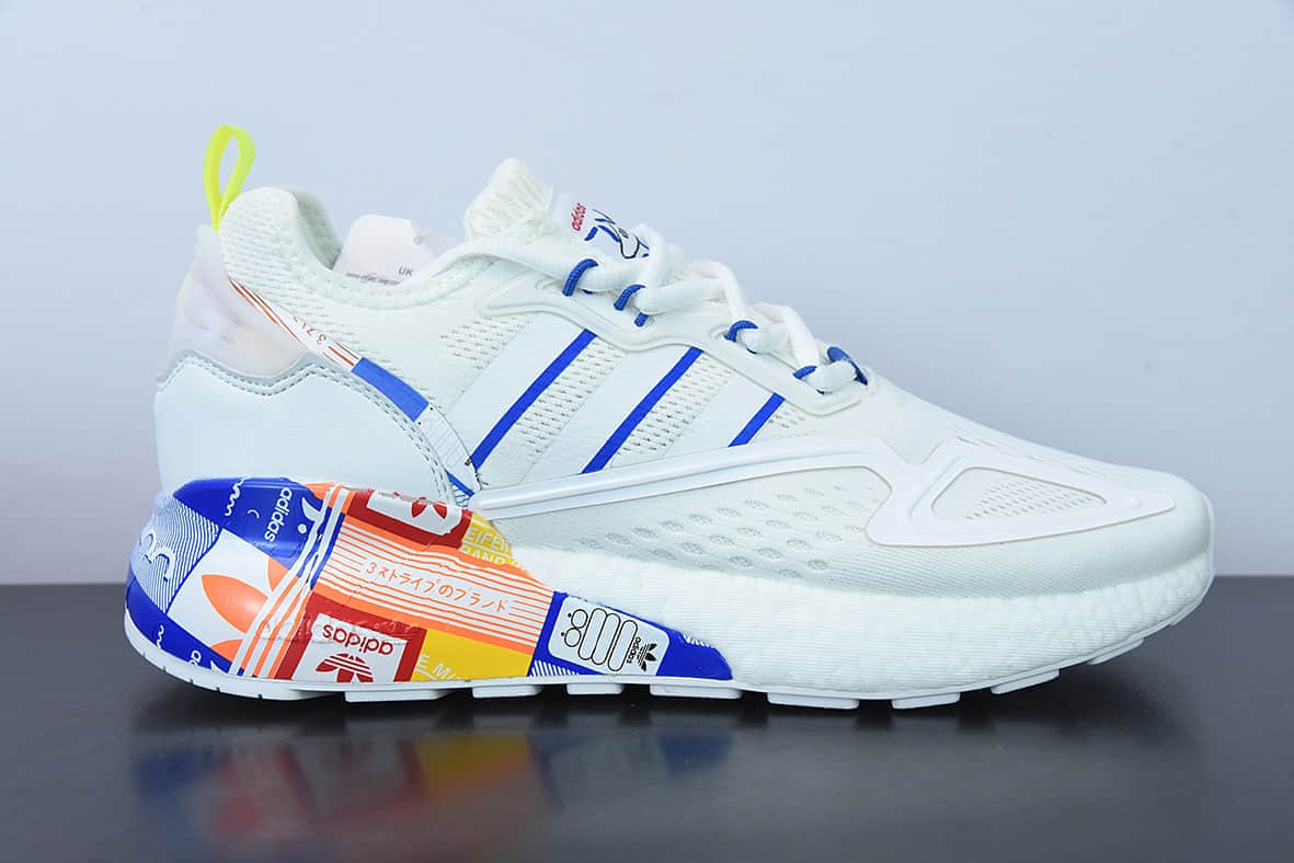 阿迪达斯Adidas Originals ZX 2K Boost 阿迪达斯爆米花白蓝涂鸦复古经典运动鞋纯原版本 货号：GX2718
