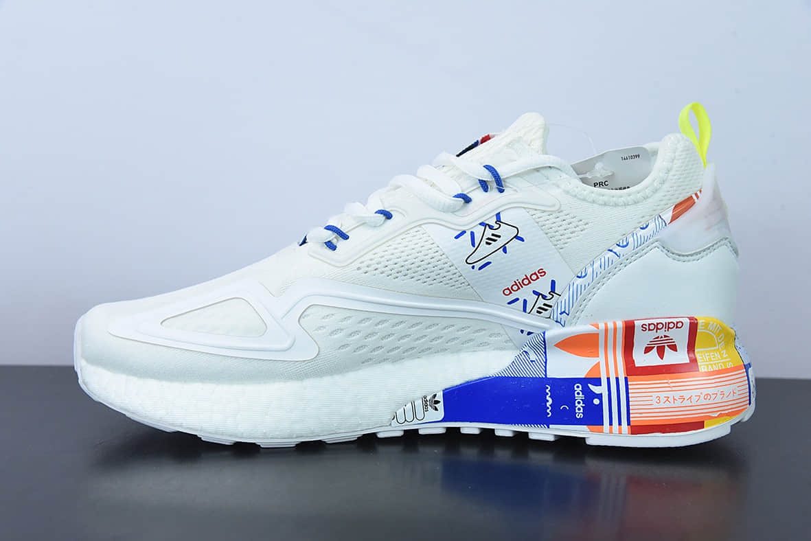 阿迪达斯Adidas Originals ZX 2K Boost 阿迪达斯爆米花白蓝涂鸦复古经典运动鞋纯原版本 货号：GX2718