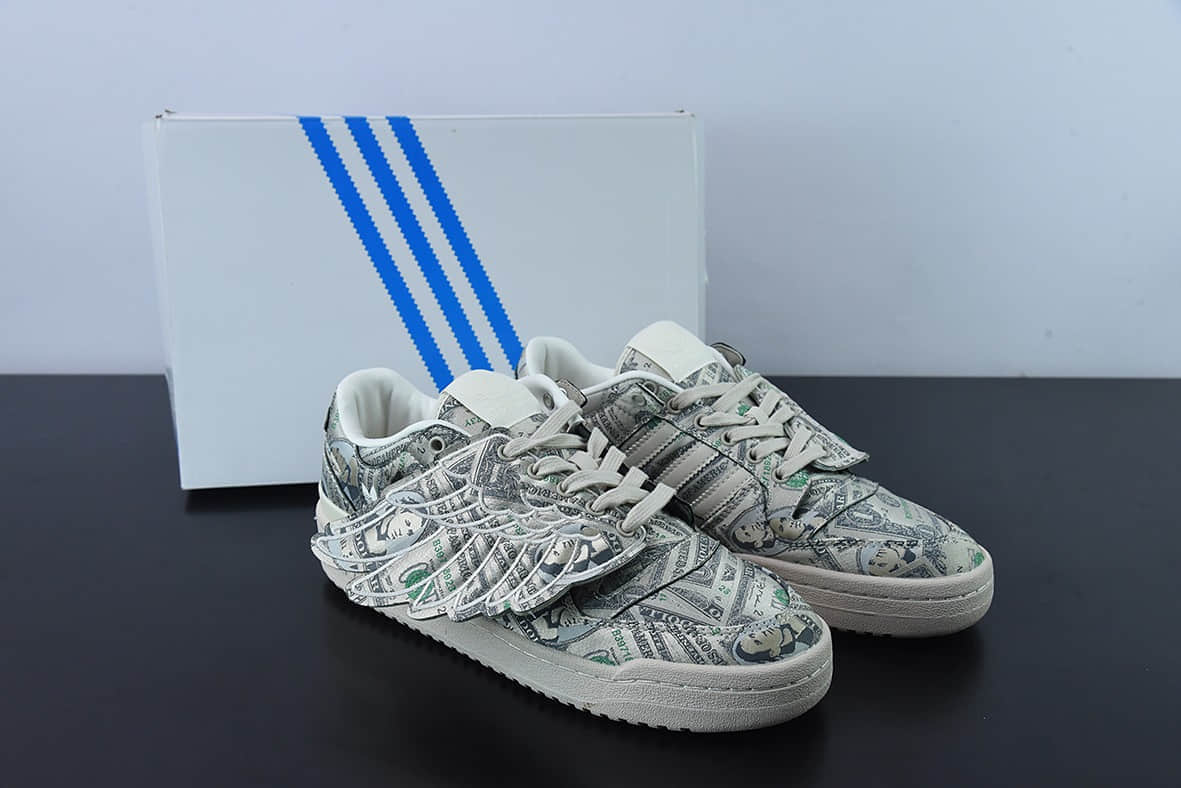 阿迪达斯Adidas Forum Low JS 联名米绿色满印纸钞翅膀低帮板鞋纯原版本 货号：GX6393