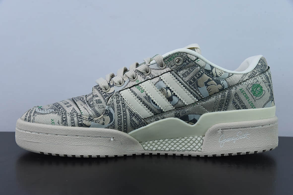 阿迪达斯Adidas Forum Low JS 联名米绿色满印纸钞翅膀低帮板鞋纯原版本 货号：GX6393