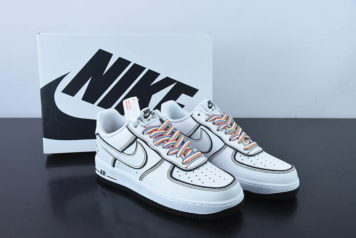 耐克Nike Air Force 1 AF1 白黑彩虹鞋带3M反光版空军一号低帮休闲板鞋纯原版本 货号：GU6936-599