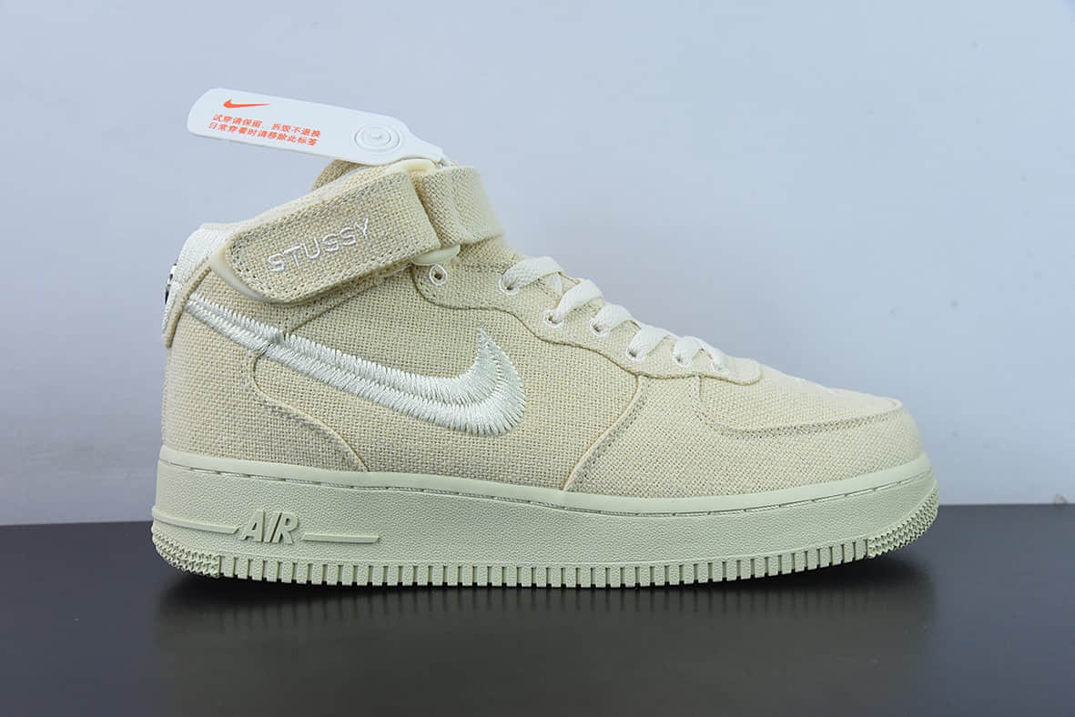 耐克Nike Air Force 1 MID STUSSY 斯图西联名白麻布电绣钩子空军一号中帮休闲板鞋纯原版本 货号：DJ7841-200