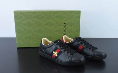 古驰Gucci Ace Embroidered Low-Top 皮革黑深蓝红小蜜蜂拼色刺绣系列经典低帮百搭休闲运动小白板鞋纯原版本 货号：429446 A38G0 1284