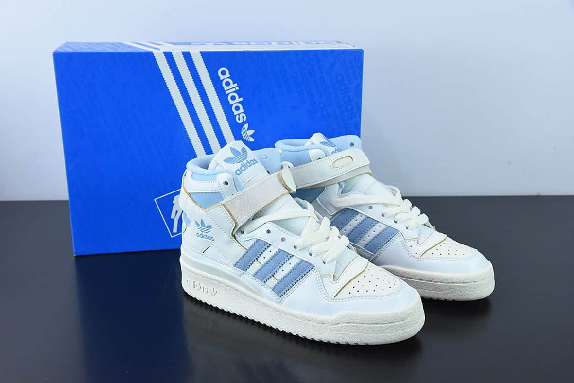 阿迪达斯Adidas Forum 84 HIGH三叶草皮革米白浅蓝高帮经典魔术贴复古板鞋纯原版本 货号： GW5924