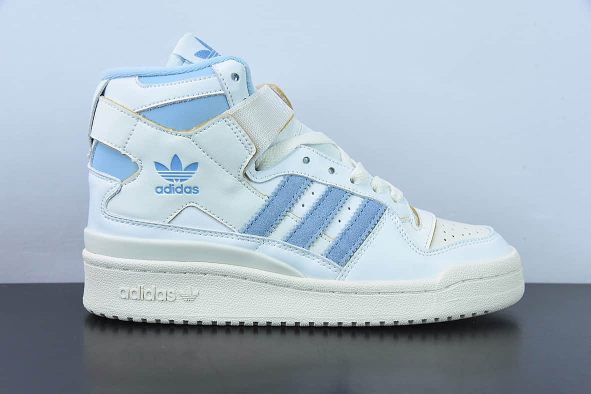 阿迪达斯Adidas Forum 84 HIGH三叶草皮革米白浅蓝高帮经典魔术贴复古板鞋纯原版本 货号： GW5924