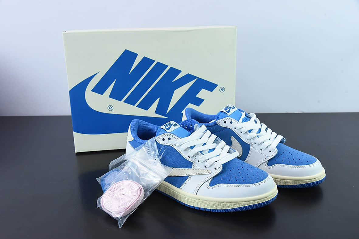 乔丹Air Jordan Fragment x Travis Scott x Air Jordan 1 Low 三方联名白蓝倒钩低帮休闲板鞋纯原版本 货号：CQ4277-212