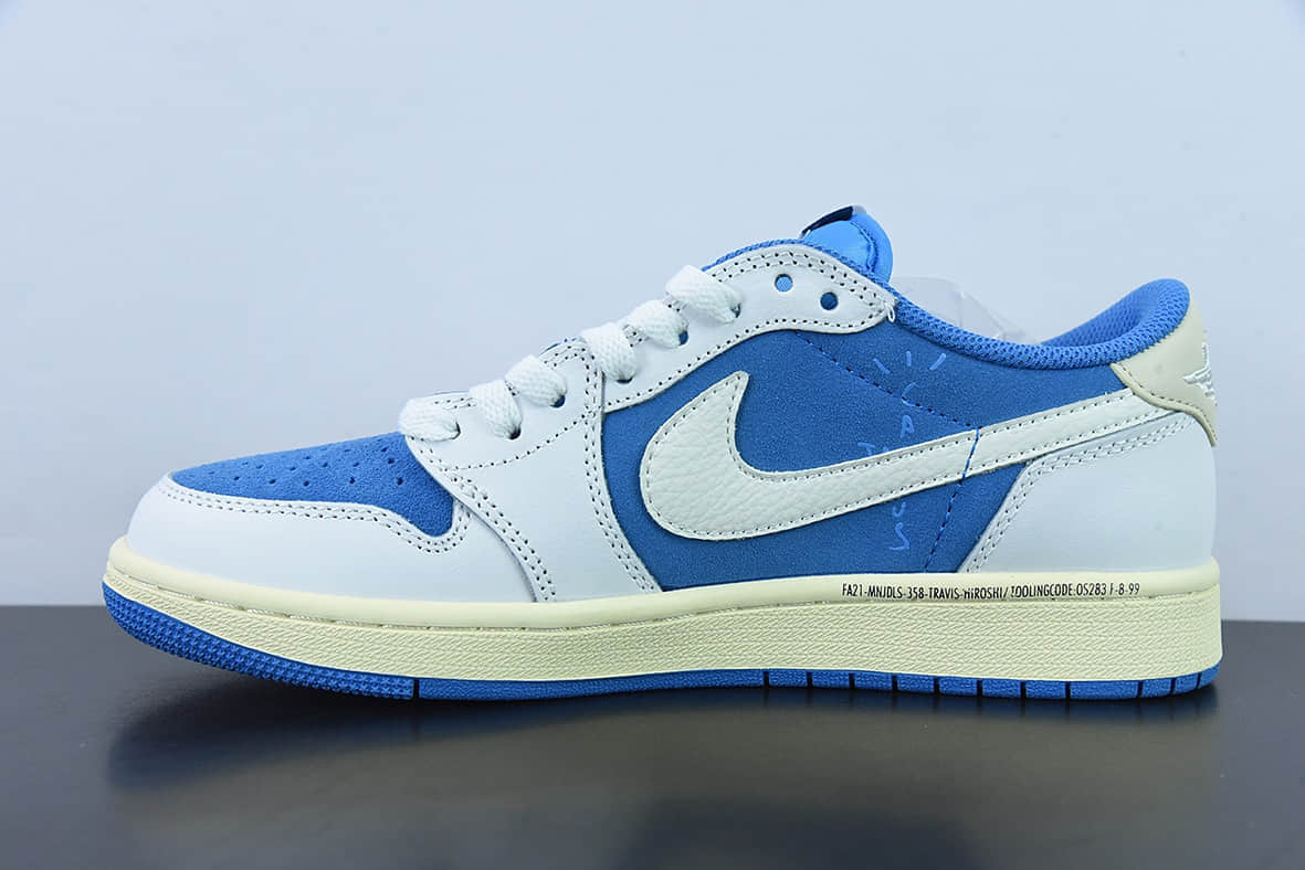 乔丹Air Jordan Fragment x Travis Scott x Air Jordan 1 Low 三方联名白蓝倒钩低帮休闲板鞋纯原版本 货号：CQ4277-212