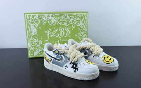 耐克Nike Air Force 1 07 LV8CrossSmile做旧白十字架黄笑脸粗绑绳空军一号低帮休闲板鞋纯原版本 货号：CW2288-111