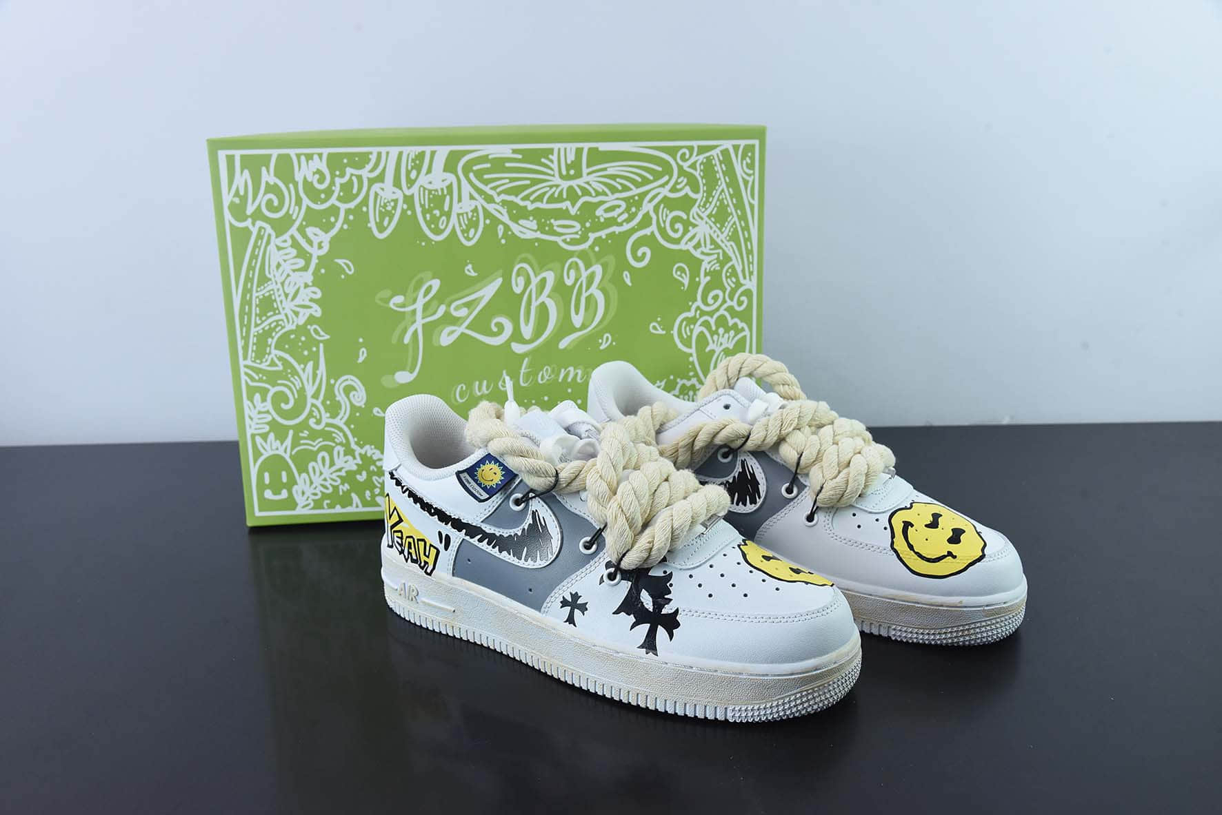 耐克Nike Air Force 1 07 LV8CrossSmile做旧白十字架黄笑脸粗绑绳空军一号低帮休闲板鞋纯原版本 货号：CW2288-111