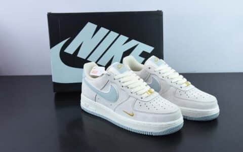 耐克Nike Air Force 1 Low ’07 麂皮浅灰淡蓝金迷你双钩子空军一号低帮休闲板鞋纯原版本 货号：KK5636-510