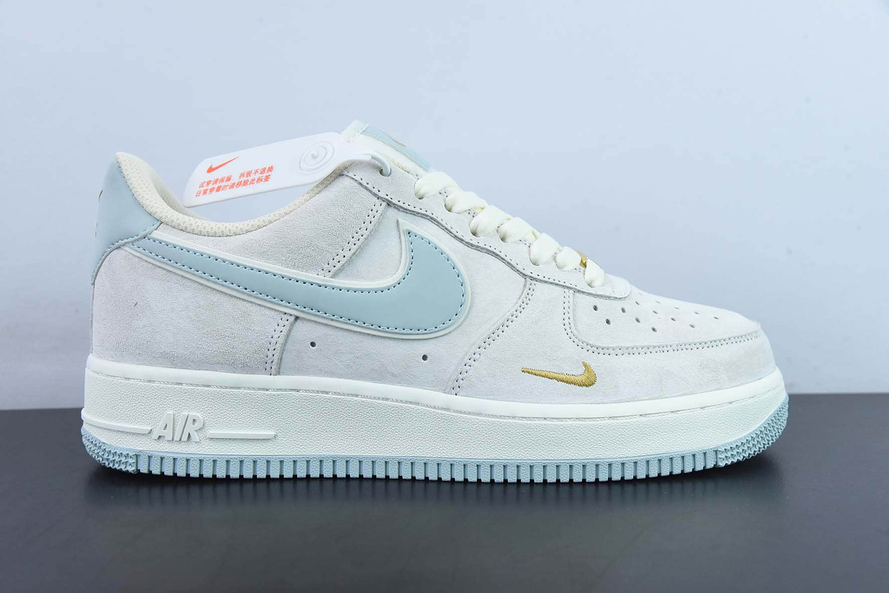 耐克Nike Air Force 1 Low ’07 麂皮浅灰淡蓝金迷你双钩子空军一号低帮休闲板鞋纯原版本 货号：KK5636-510