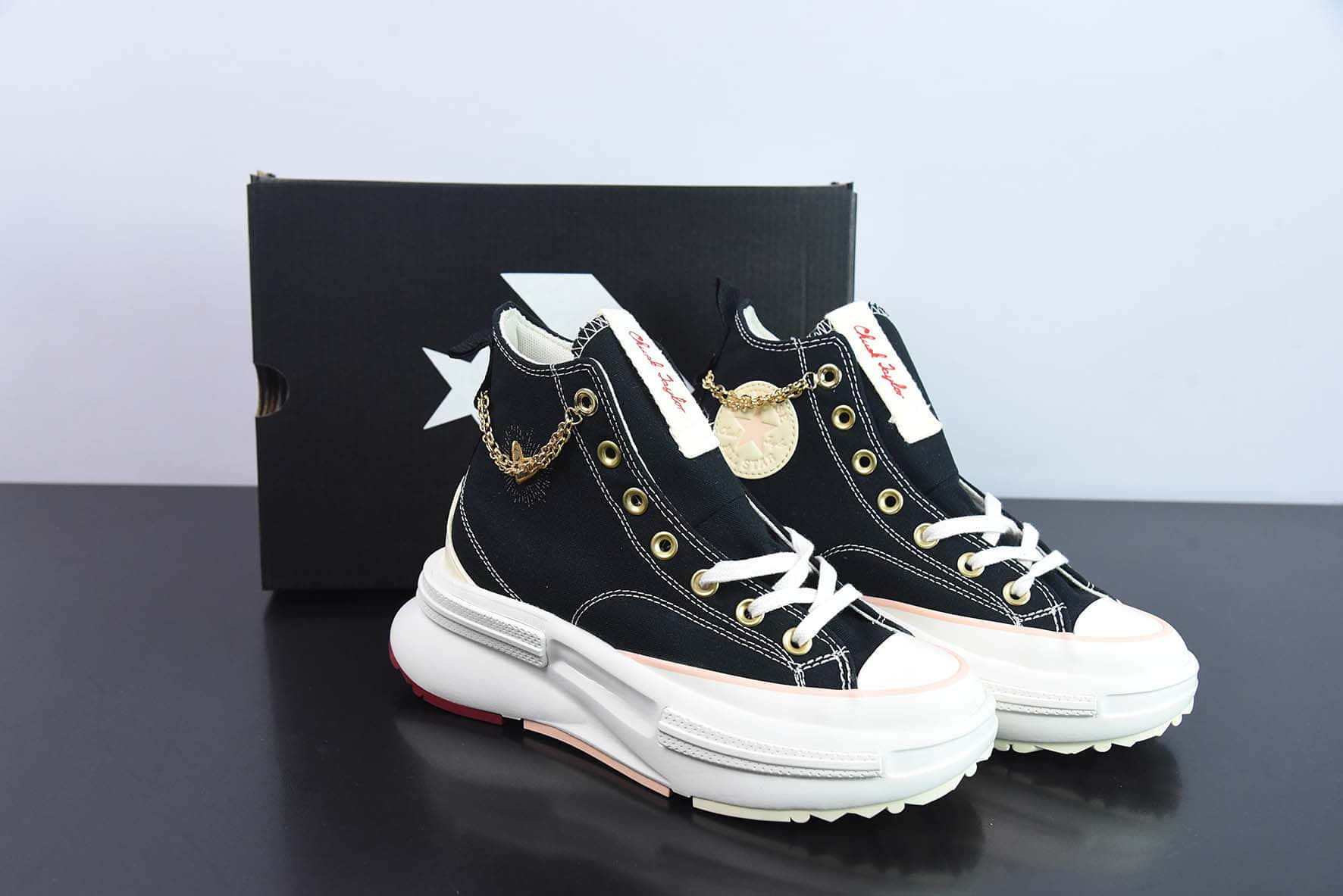 匡威Converse Run Star Legacy 1970 Cx HighValentine’s Day情人节限定黑金爱心刺绣链条传承改良系列夹心厚底高帮解构重组风增高休闲运动帆布鞋纯原版本 货号：A05137C