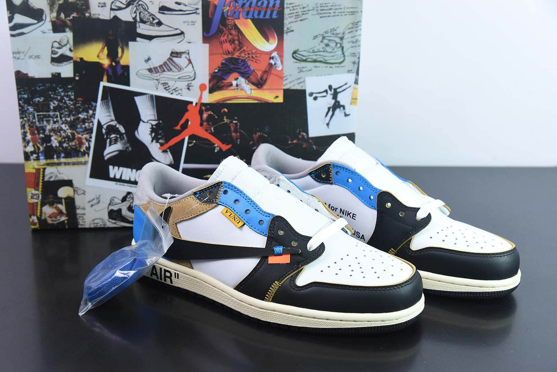 乔丹Air JordanUnion LA x Off-White x Air Jordan 1 Low OGGOAT LOWSAJ1 “OW三方联名黑白蓝倒钩”低帮篮球鞋纯原版本 货号：CZ0790-108